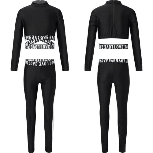 Kids Girls Sport Outfit Stripe Long Sleeve Letters Print Cropped Top Side Stripes Stretchy Pant Leggings Children 2Pc Sportswear