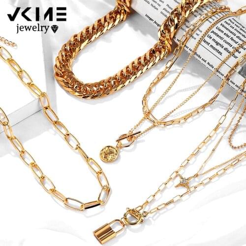VKME Fashion Star Lock Pendant Necklace for Women Vintage Thick Chunky Chain Choker Multilayer Coin Necklaces Jewelry Gifts