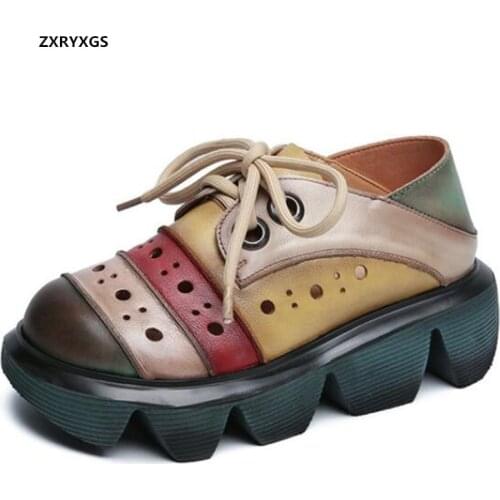 2021 New Spell Color Classic Retro Hollow Full Genuine Leather Shoes Woman Sneakers Platform Heighten Shoes Sandals Casual Shoes