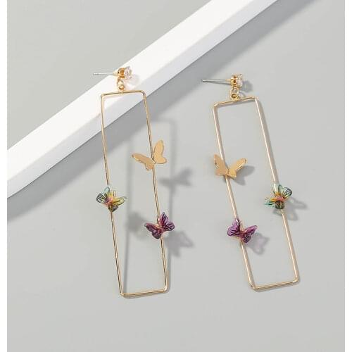 Temperament Purple Green Enamel Butterfly Earrings for Women Gold Color Metal Hollow Square Geometric Drop Earrings Accessories
