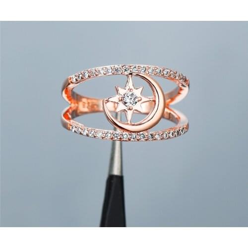 Boho Female White Crystal Stone Ring Cute Moon Star Hollow Engagement Ring Dainty Rose Gold Silver Color Wedding Rings For Women