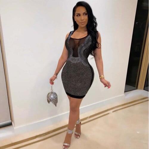NEW Summer Diamonds Black Mesh Perspective Mini Dress Women Sexy O-neck Bodycon Dress Elegant Night Club Party Dresses Plus Size