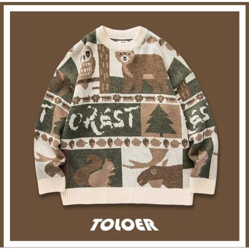 Winter Sweaters Men Casual Round Neck Bear Pattern Retro Mens Pullovers Japanese Style Couple Sweater Cute Women Pullover 2021