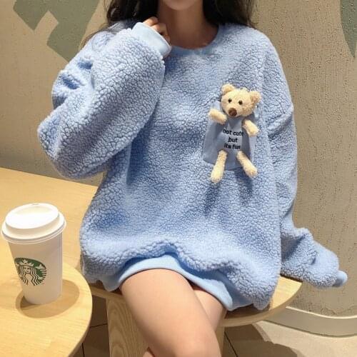 Winter Warm Lamb Wool Womens Tops Sweatshirt Fashion Bear Decoration Harajuku Loose Long-sleeved Pullover Hoodie