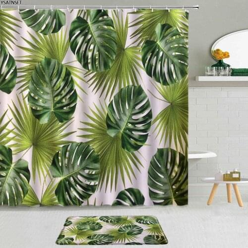 2Pcs 3D Tropical Plant Shower Curtain Palm Leaf Monstera Banana Leaves Fabric Non-Slip Bath Mat Decoration Bathroom Curtains Set