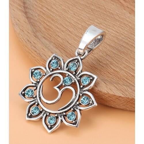 5pcs/Lot Silver Color OM AUM Yoga Symbol Lotus Flower & Rhinestone Charms Pendants for Necklace Jewelry Making Accessories