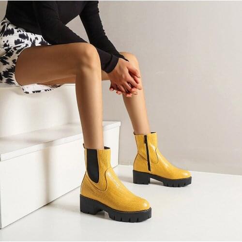 Punk platform martin boots Woman Botas Mid-Calf Botines Winter Thick High Heels Patent Leather Martin Booties womens shoes 41