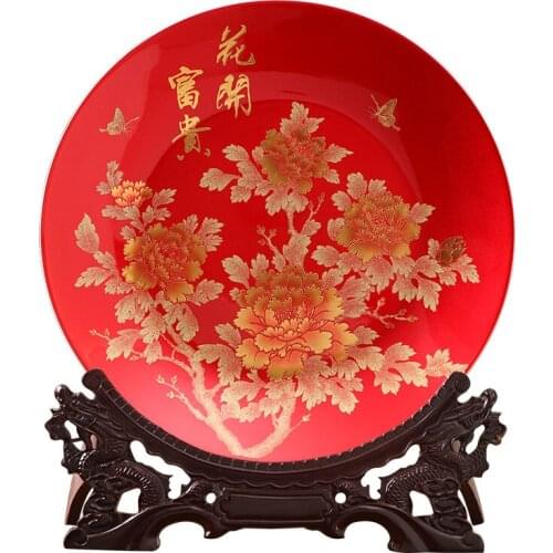 Jingdezhen Porcelain Peony Big Hanging Plate Decorative Plate Chinese Style Home Decoration Porch Office Handicraft Ornaments