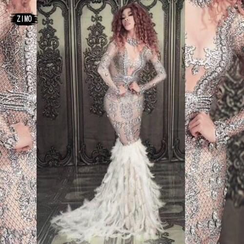 Luxury Sparkly Rhinestone crystal Feather Tail Dress Women Evening Prom Celebrity Party Birthday Long Dress Singer Stage Costume