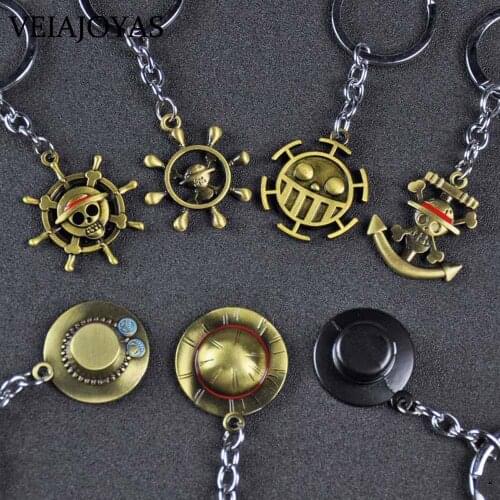 Hot Anime Handmade Alloy Keyfob One Piece Keychains Monkey D Luffy Hat Rudder Zoro Nami Rudder Skull Charms Keyrings Jewelry