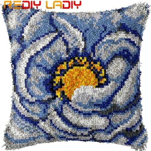 Latch Hook Cushion Blue Poppies Pillow Case Acrylic Yarn Sofa Pillow Printed Color Canvas Crochet Cushion Cover Arts & Crafts
