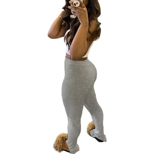 New Arrival Women Split Hem Leggings Trousers Fashion High-waisted Solid Color Ribbed Stitch Knit Tight-fitting Sports Leggings