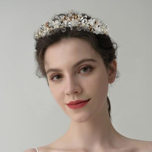 New Empress Crown Baroque Flower Rhinestone Pearl Headband Golden Wedding Crown Headdress