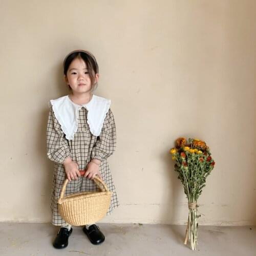 Autumn New Arrival Korean style girls dress long sleeve plaid loose with big lapel sweet dress for cute baby girls