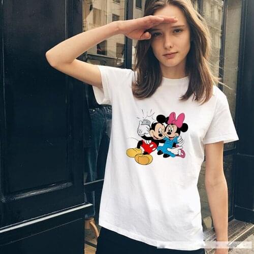 Mickey Minnie Couple T Shirt Love Heart Print Short Sleeve O Neck Loose Tshirt Summer Women Girls Tee Shirt Harajuku Top Clothes