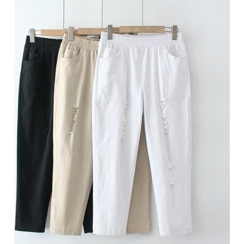 Plus Size Womens Korean Style High Elastic Waist Ripped Hole Washed Stretch Cotton Pants 2021 Casual Cropped Trousers Pants