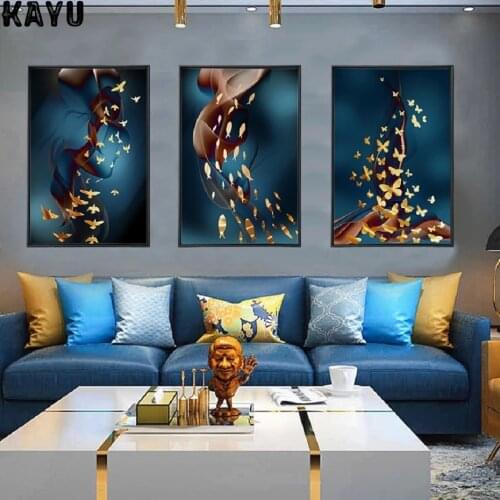 Nordic Light Luxury Gold Birds Fish Canvas Paintings Feather Wall Art Posters Decorative Wall Prints for Living Room Home Decor