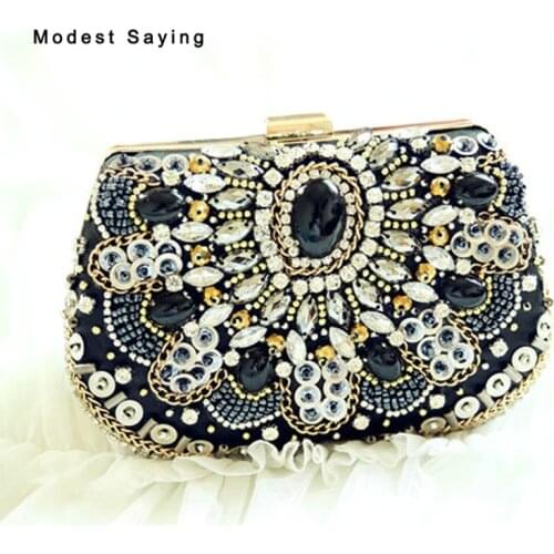 Luxury Beaded Wedding Party Shoulder Handbags 2018 with Crystal Black Satin Clutch Bags Prom Evening Purse Wedding Accessories