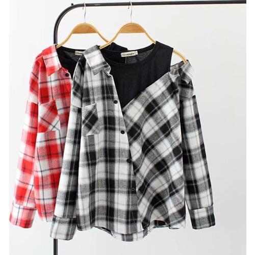 Oversized Shirt Spring Autumn Plaid Shirt Long Sleeve Fake Two Pieces Fashion 100% Cotton Check Shirt Female Blouse Tops K215