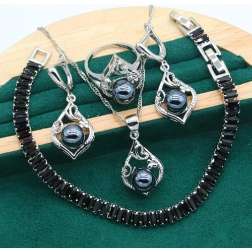 Silver Color Jewelry Set for Women Wedding White Black Pearl Zircon Bracelet Earrings Necklace Pendant Ring Christmas Gift