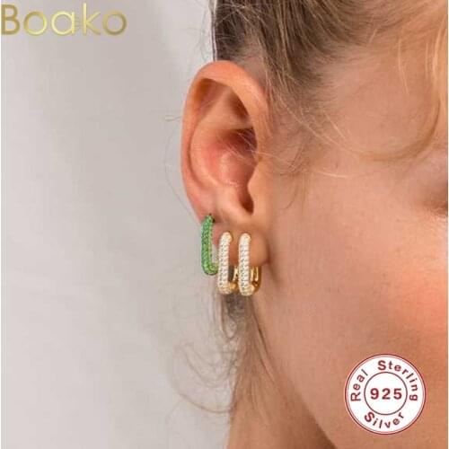 BOAKO Half Crystals Rectangle Hoop Earrings for Women Colorful Huggie Ear Buckles Cartilage Earrings 925 Sterling Silver Jewelry