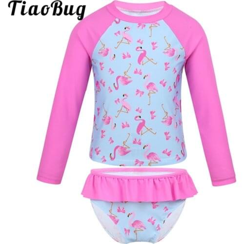 TiaoBug Kids Girls Tankini Long Sleeves Flamingo Printed Rashguard Swimsuit Tops Ruffled Briefs Set Beach Bathing Suits Swimwear