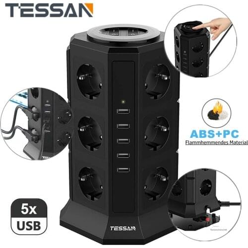 Desktop Socket EU Power Strip Tower with 2M/6.5FT Extension Cable 5 USB Ports and 12 AC Outlets USB Plug Adapter for Home Office