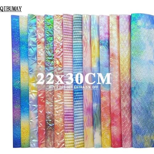 QIBUMAY 22*30cm Rainbow Artificial Leather Multi Type Vinyl Fabirc For Bows HandBags Mermaid Snake Pattern Synthetic Leather