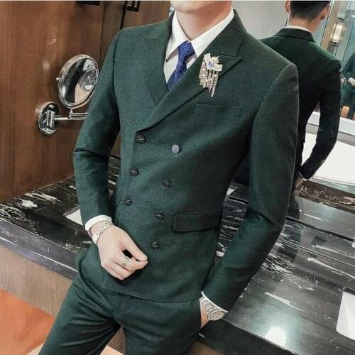 High-end Mens Double-breasted Jacket Suits 3pcs Slim Fit Formal Dress Pants Vest B11
