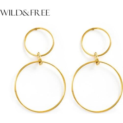 Wild&Free Statement Double Round Circle Dangle Earrings For Women Punk European Big Earrings Party Jewelry Stainless Steel