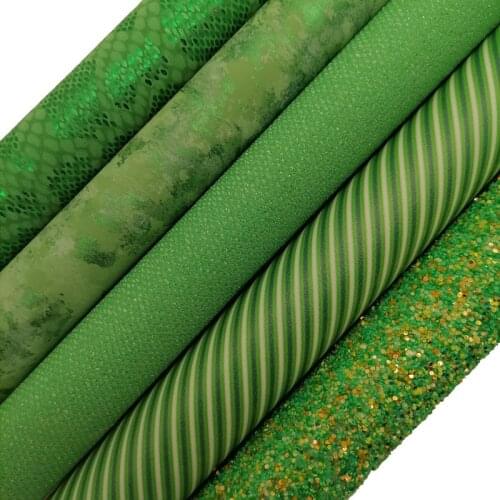 Green Chunky Glitter leather, Metallic Snake Faux Leather, Stripes Printed Synthetic Fabric For Bow 21x29CM Twinkling Ming XM789