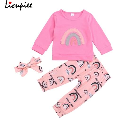 0-3 Years 3 Piece Girls Clothes Fashion Casual Rainbow Babys Sets Long Sleeve T-shirt and Print Long Pants with Headband