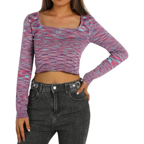 Womens Casual Long Sleeve T-shirt Fashion Colorful Stripe Square Collar Exposed Navel Tops