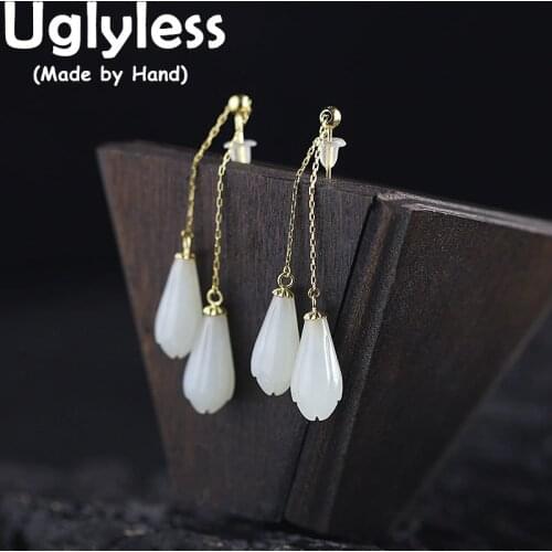 Uglyless AU750 100% Real 18K Gold Earrings for Women Elegant Magnolia Floral Ear Lines Adjusted Chains Tassels Brincos Gemstones