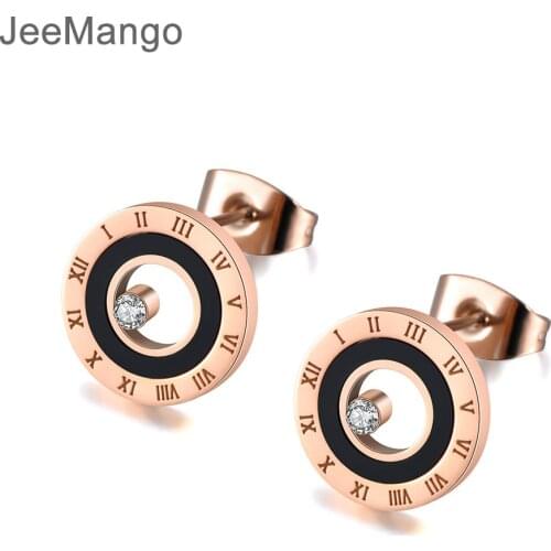 JeeMango Stainless Steel Black Acrylic Circle Roman Numeral Wedding Earrings For Women Rose Gold CZ Crystl Earrings JE19049