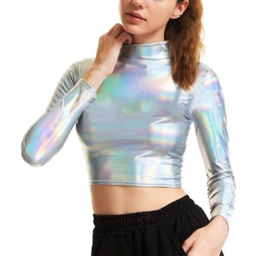 2021 New Women Punk Turtleneck Long Sleeve Crop Top Holographic T Shirt Rave Club Dance Mock NeckLiquid Metallic Cropped Tops