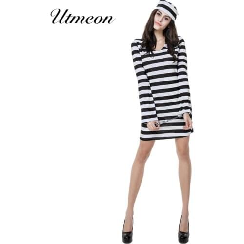 Halloween Party Convict Costumes for Women Striped Prisoner Costumes Prisoners Uniforms Women Vampire Suit