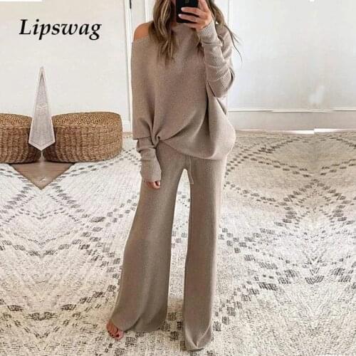 Casual Women Solid Color Elegant Two Piece Sets Winter Elegant O-Neck Pullover Tops And Loose Pants Suits Female Rib Streetwear