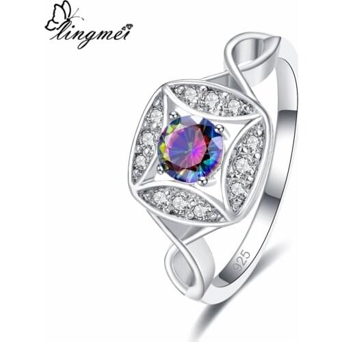 Lingmei Wedding BandSilver ColorRings for Women Fashion Round Multi Sea blue Cubic Zircon Engagement Jewelry Size 6 7 8 9