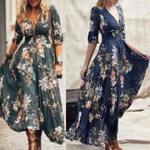 2021 Fashion Puff Sleeve V-neck Temperament Vintage Floral Dress Split Fork Maxi Dress Summer Short Sleeve Beach Sundress
