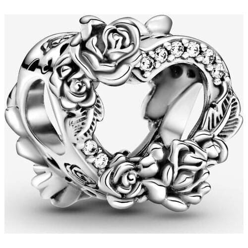 New Original 925 Sterling Silver Bead Open Heart & Rose Flowers Charm Fit Pandora Bracelet Necklace DIY Women Jewelry