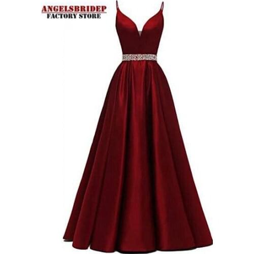 Angelsbridep V-Neck Long Evening Dresses 2021 Sexy Spaghetti Straps Sash Beads Sequins Robe De Soiree Satin Vestidos De Fiesta