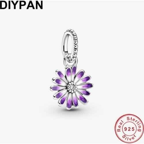 Purple Daisy Dangle Charm Pendant Fit Original Pandora Bracelet Charms 925 Sterling Silver Charm Jewelry Making Berloque