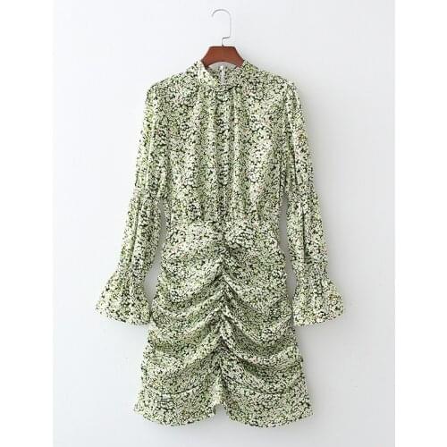 Hot new product ladies floral print dress long sleeve pleated tight dress temperament elegant party dress