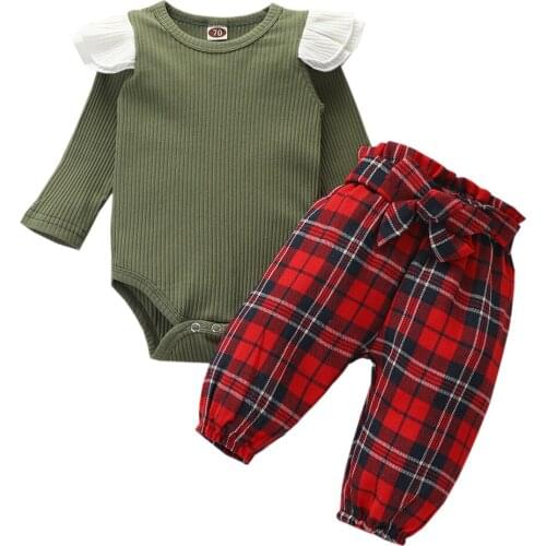 Baby Girl Green Knitted Clothes Cotton Long Sleeve Romper Top + Plaid Pants Trousers Clothes Newborn Outfit Clothing 2pcs Set