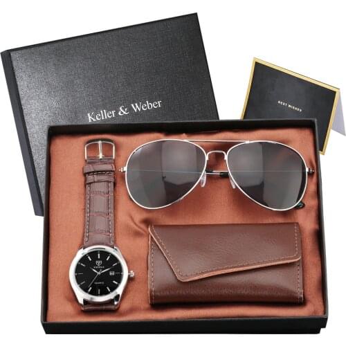 Top Luxury Mens Gift Set High Quality Quartz Watches Fashion Sunglasses Casual Brown/Black/Coffee Key Package Birthday Gifts Box