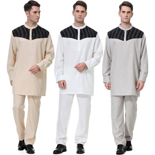 BianFeng Mens Eid Hipster Jubba Thobe Caftan Suit Shirts and Pant Button Closure Muslim Fashion Polo Dubai Arabia Islamic Robe