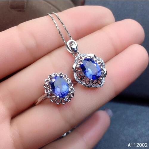 KJJEAXCMY fine jewelry natural Tanzanite 925 sterling silver women pendant necklace chain ring set support test fashion