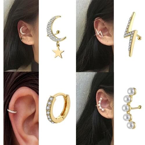 New Fashion Star Moon Earring Punk Minimalist For Women Metal Buckle Piercing Ear Clip Puncture Pearl Earrings Jewelry