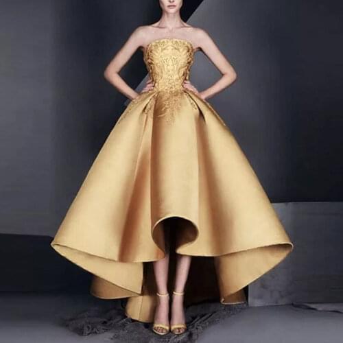 New arrival evening dress formal noiva satin ball gown the evening of gold strapless high and low formal dress tie платье